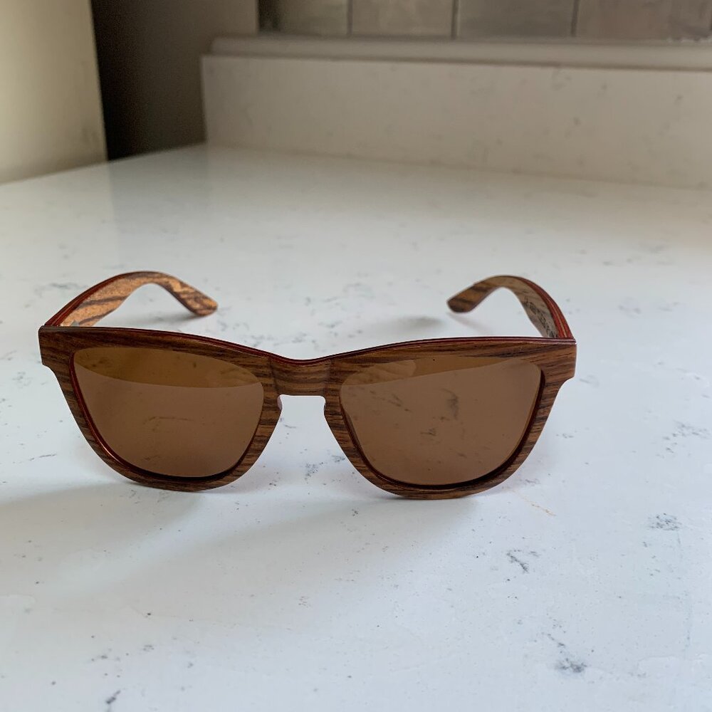AKA Eyewear wood frames, blue tinted lenses